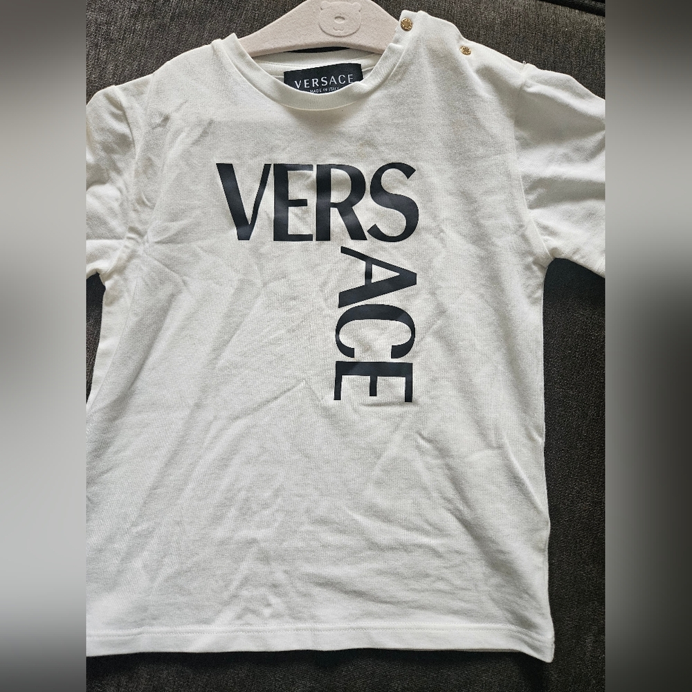 Versace Kids Tee in White with Bold Logo Small Yellowish Stain In Front. - Picture 5 of 13